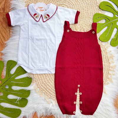 Conjunto Jardineira de Linha e Body Ursinho de Natal - Vermelho